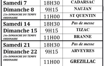 Messes du mois de septembre 2024